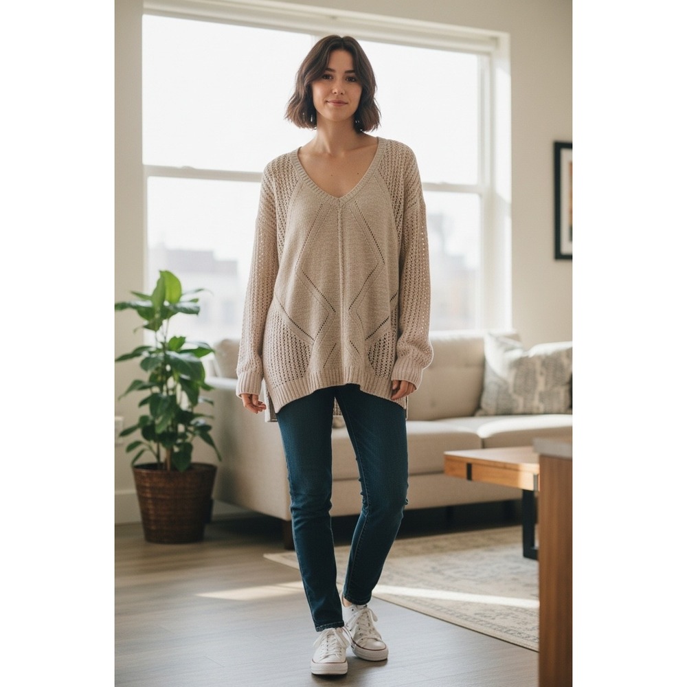 Buffalo David Bitton Womens Beige Open Knit V-Neck Diamond Pointelle Sweater L